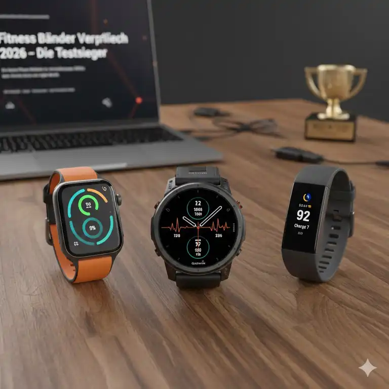 Die besten Fitness Bänder Vergleich 2026: Testsieger-Modelle auf einem Holztisch.