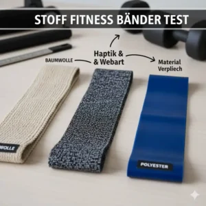 Vergleich von Stoff Fitness Bändern aus Baumwolle und Polyester, mit Fokus auf die unterschiedliche Webart und Haptik für den stoff fitness baender test.