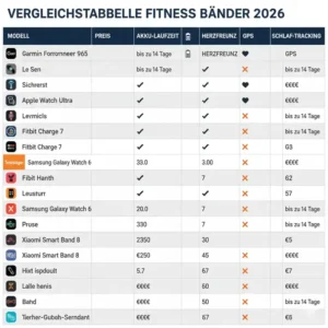 Detaillierte Vergleichstabelle der Spezifikationen für Fitness Bänder Vergleich 2026.