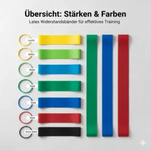Übersicht der verschiedenen Stärken und Farben von Latex Widerstandsbaender Test Sets (leicht, mittel, stark).