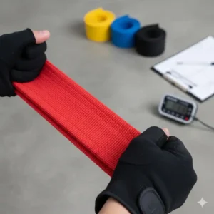 Close-up on a high-quality loop band from the resistance bands set test 2026 during a tensile durability inspection.