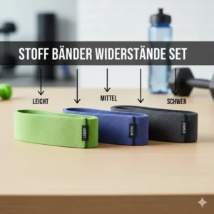 Set von Stoff Fitness Bändern in verschiedenen Farben, die die Widerstandsstufen Leicht, Mittel und Schwer (Light, Medium, Heavy) für den stoff fitness baender test visualisieren.