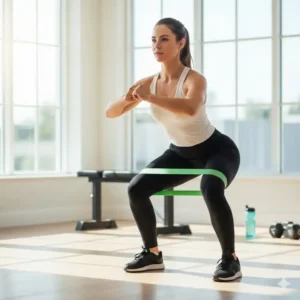 Eine Sportlerin führt eine Kniebeuge mit einem der beste resistance baender 2026 um die Oberschenkel für effektives Beintraining durch.