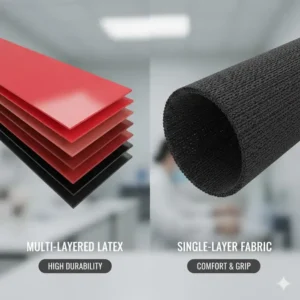 Qualitätsprüfung von Latex und Stoff im power resistance bands test zur Analyse der Langlebigkeit.