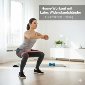 Eine Person, die eine Kniebeuge mit Latex Widerstandsbaender Test Zubehör für ein effektives Home-Workout durchführt.