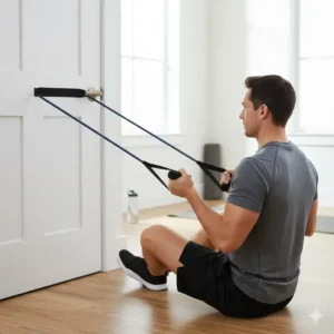 Mann demonstriert eine Ruder-Übung für den Rücken, bei der eines der beste resistance baender 2026 an einem Türanker befestigt ist.