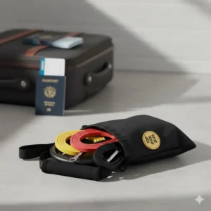 The travel bag and packed contents of the top-rated resistance bands set test 2026, emphasizing portability.