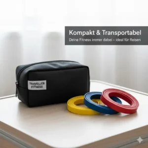 Kompakte Transporttasche mit zusammengerollten Latex Widerstandsbaender Test Bändern für Reisen.