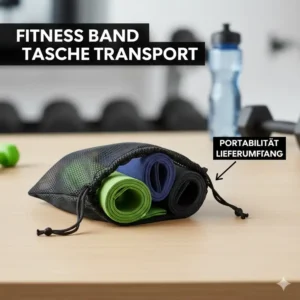 Stoff Fitness Bänder kompakt in einer Netztasche verpackt, die die Portabilität und den Lieferumfang im stoff fitness baender test darstellt.