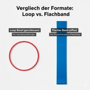 Vergleich von Loop Band (geschlossen) und flachem Latex Widerstandsbaender Test Band zur Anwendungserklärung.