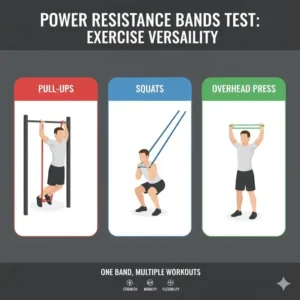 Praktischer power resistance bands test bei verschiedenen Fitnessübungen wie Klimmzügen und Kniebeugen.