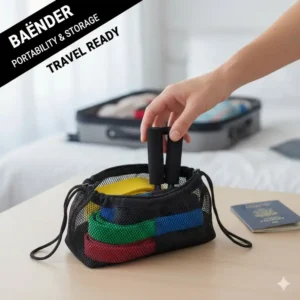 Kleine Netztasche mit einem kompakten resistance baender test 2026 Set, Fokus auf Tragbarkeit