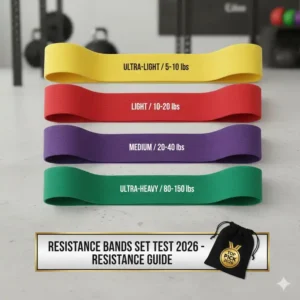 Guide showing the color-coded resistance levels included in the resistance bands set test 2026, from light to extra-heavy.