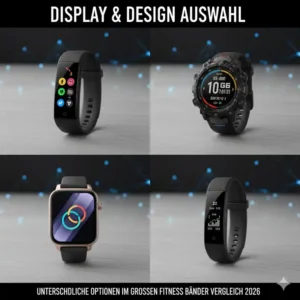 Übersicht der verschiedenen Display-Optionen und Designs im Fitness Bänder Vergleich 2026.