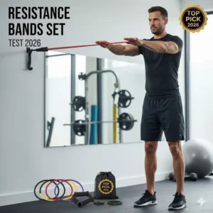 User performing a full-body exercise with the bands from the resistance bands set test 2026, demonstrating home workout potential.