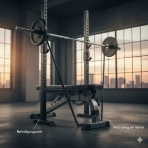 Detailierte Illustration der sicheren Bodenbefestigung für resistance bands bankdrücken an der Hantelbank.