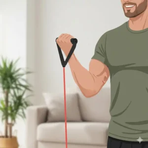 Nahaufnahme von Bizeps-Curls mit einem Tube-Band während eines resistance bands home workout.