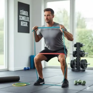 Die richtige Ausführung von Kniebeugen während eines resistance bands krafttraining Programms.
