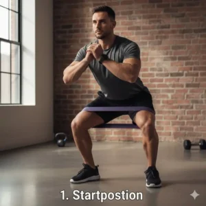 Correct starting position for squats mit resistance band schwer with feet shoulder-width apart.