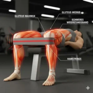 Anatomische Darstellung der Muskelaktivierung durch ein hip thrust band schwer beim Training.