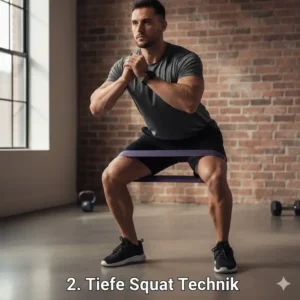 Demonstrating deep squat technique when doing squats mit resistance band schwer for maximum tension.