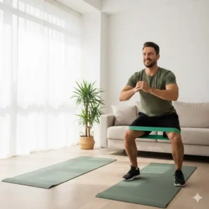 Korrekte Ausführung von Kniebeugen mit einem Loop-Band für ein effektives resistance bands home workout.