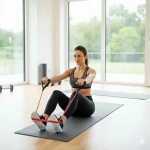 Sitzendes Rudern gehört zu den klassischen resistance band übungen rücken für eine aufrechte Haltung.