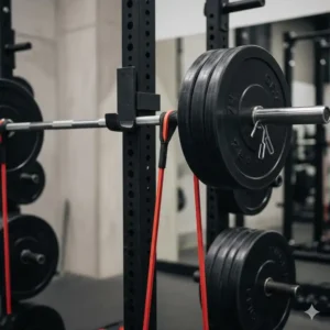 Hochwertige deadlift resistance bands, die an den Stiften eines Power Racks befestigt sind.