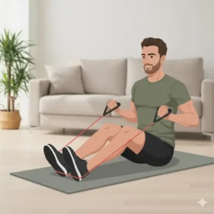 Eine Person trainiert die Rückenmuskulatur durch sitzendes Rudern beim resistance bands home workout.