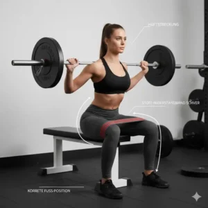 Anleitung zur korrekten Übungsausführung mit dem hip thrust band schwer auf der Hantelbank.