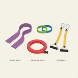 Verschiedene Arten von Fitnessbändern, die ideal für ein resistance bands home workout geeignet sind.