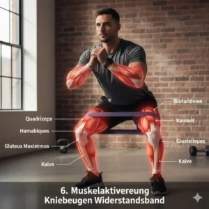 Muscle activation chart showing the benefits of squats mit resistance band schwer on glutes and legs.