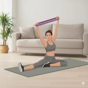 Dehnübungen und Beweglichkeitstraining mit Bändern während eines resistance bands home workout.