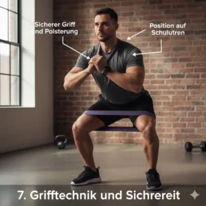 Safety guide on how to hold the band securely during squats mit resistance band schwer repetitions.