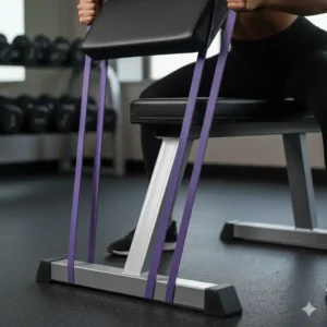 Detaillierte Darstellung der korrekten Verankerung für glute drive resistance bands an einer Trainingsbank.