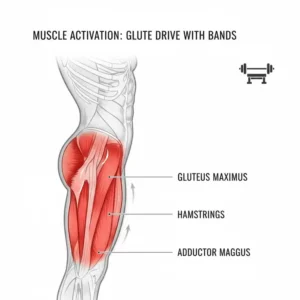 Anatomie-Diagramm der aktivierten Muskelgruppen beim Training mit glute drive resistance bands.