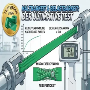 Reißfestigkeit im therapie latexband test 2026: Ein Band wird unter maximaler Spannung geprüft.