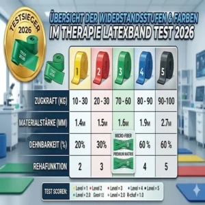 Übersicht der verschiedenen Widerstandsstufen und Farben im therapie latexband test 2026.