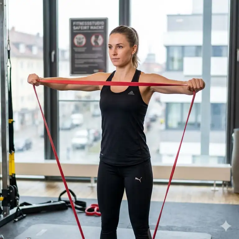 Eine Sportlerin nutzt ein Resistance Band zur Verletzung Prävention durch korrektes Aufwärmen im Fitnessstudio.