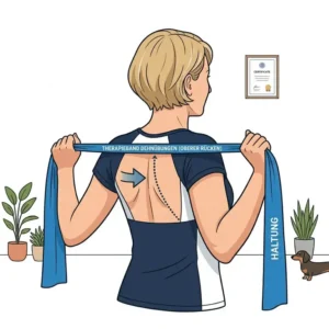 Professionelle Illustration für therapieband dehnübungen zur Stärkung der oberen Rückenmuskulatur.