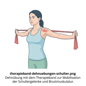 Anleitung für gezielte therapieband dehnübungen zur Mobilisation der Schultern und Brust.