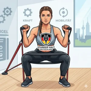 An athlete performing a squat using a thick heavy duty resistance band.