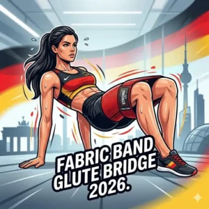 Woman performing glute bridge exercise with a strong fabric resistance band 2026.
