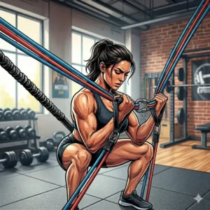 Tiefe Kniebeugen mit einem resistance bands schwerer widerstand zur Stärkung der Beine im Krafttraining.