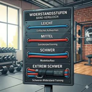 Ein Vergleich verschiedener Widerstandsstufen von Fitnessbändern von leicht bis resistance bands schwerer widerstand.