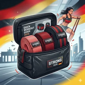 Compact set of strong fabric resistance band 2026 tools in a travel carrying bag.