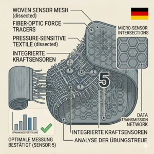 Dissected view illustration showing the woven sensor mesh and integrated force sensors of the stoff miniband premium.