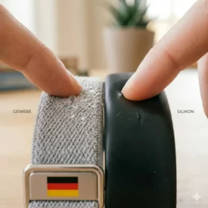 Ein direkter Vergleich zeigt, warum das stoff fitness band hautfreundlich besser als Silikon ist.