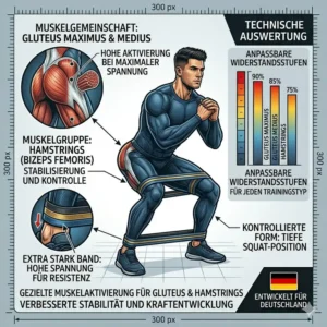 Anatomical diagram showing glute and hamstring muscle activation when training with resistance bands extra stark.