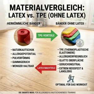 Infografik zum Vergleich zwischen herkömmlichem Latex und resistance bands ohne latex.